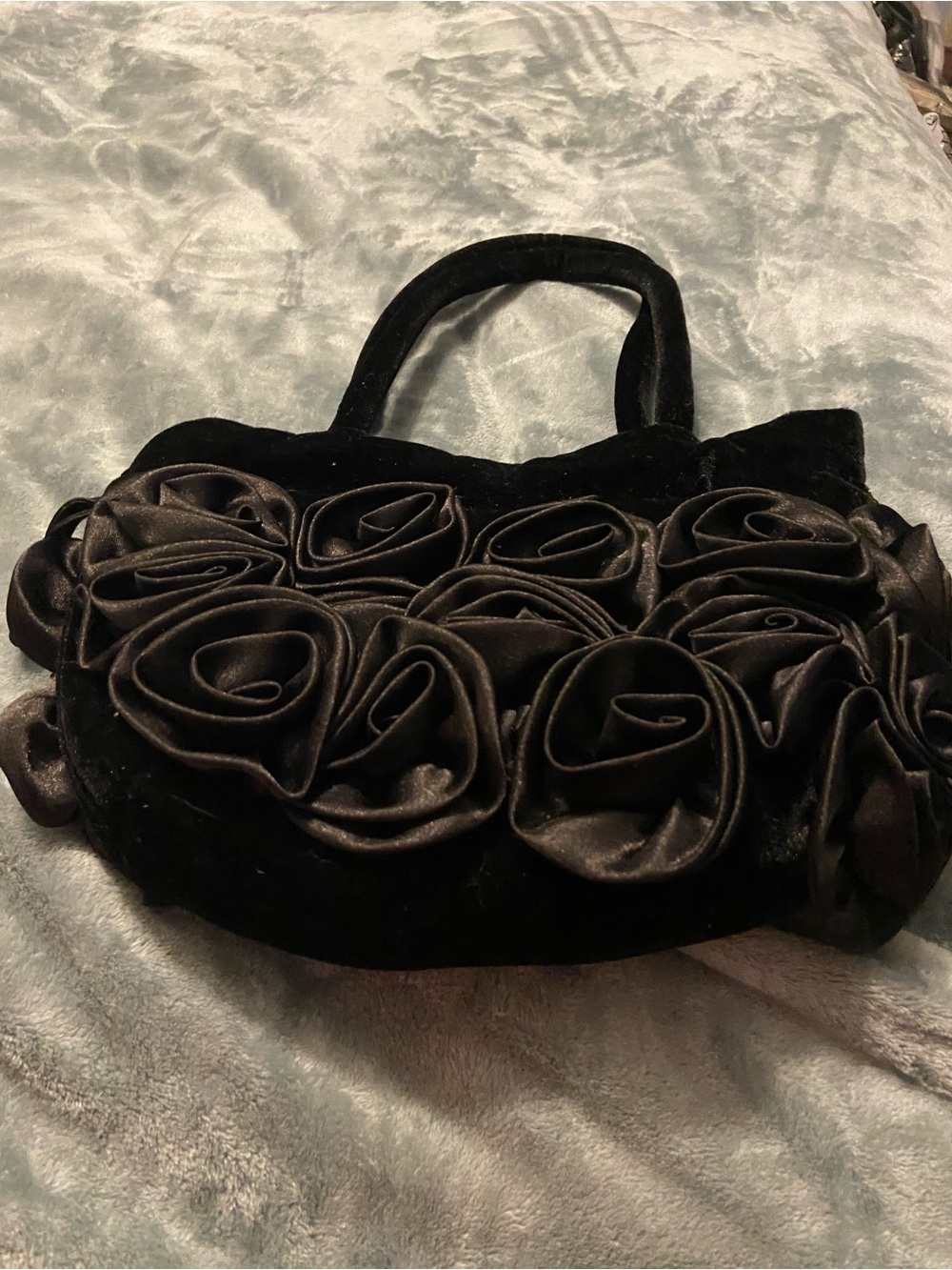Black Velvet Rose-Embellished Shoulder Bag